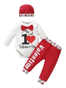 Loalirando Newborn Baby Boys Valentines Day Outfits My 1st Valentines Day Romper Bodysuit Heart Pants Hat 3Pcs Clothes Set